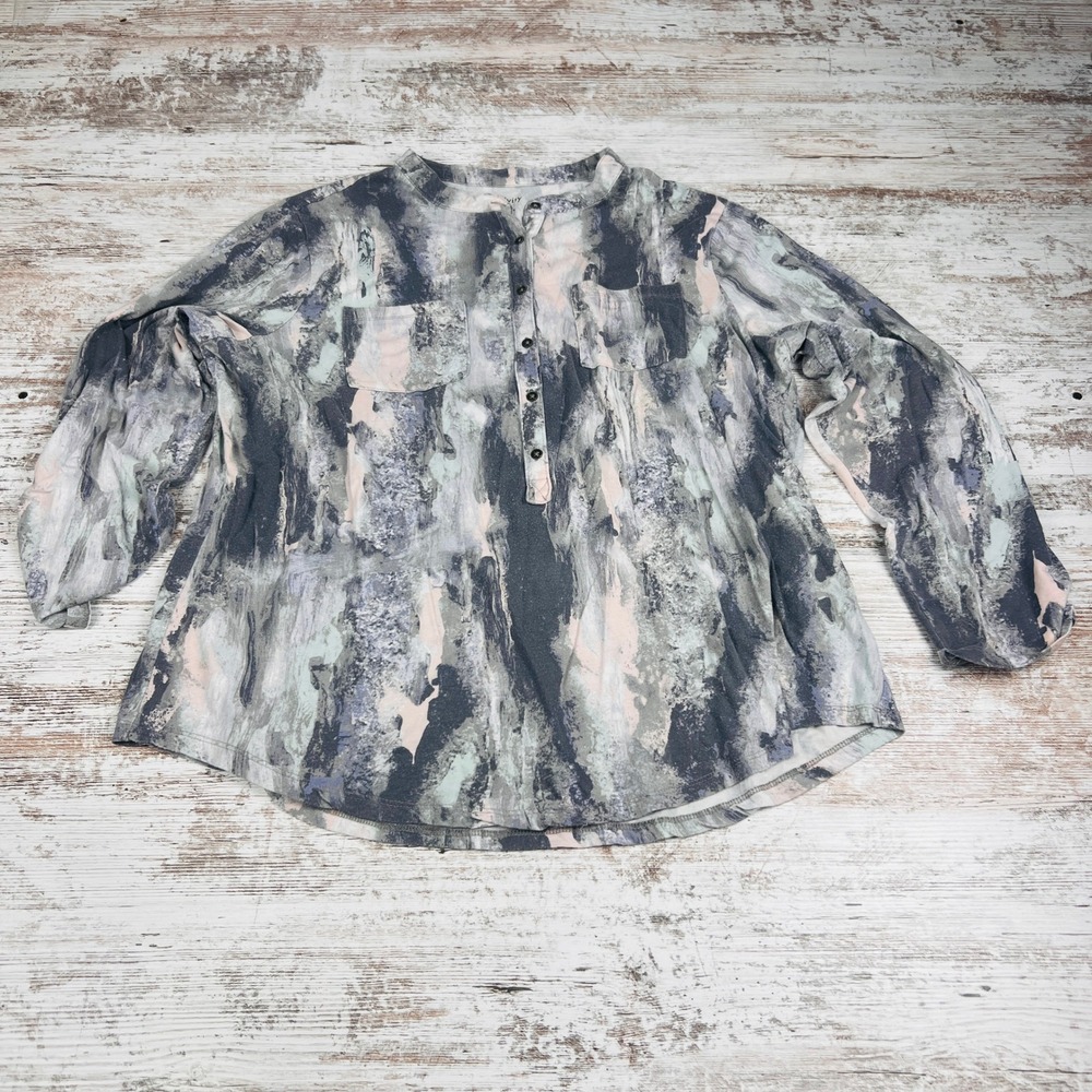 Relativity Women 2X Gray Black Pink Abstract Tunic Blouse Long Sleeve Pockets